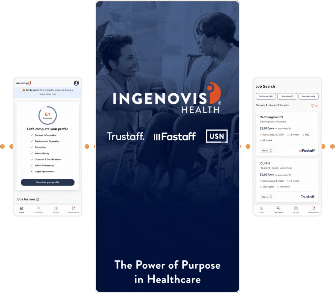 An animated graphic rotating between three views of the Ingenovis Health Mobile App screens showing: Home screen (blue image with Ingenovis Health logo), Job search screen, Profile page - along side a five star