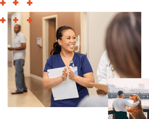 A collage of two photos showing healthcare professionals in a variety of settings: an asian nurse in navy blue scrubs claps during rounds with her teammates, two older women talk and laugh outside wearing scarves and hats