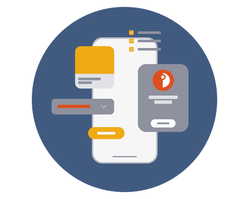 A bold graphic showing a stylized cellphone overlayed with a variety of screens, apps and checklists